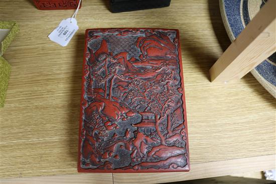 Three Chinese cinnabar lacquer boxes and another lacquer box Largest 19 x 13cm